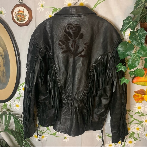 Vintage 80s black leather fringe biker jacket rose patchwork braided accents - Picture 9 of 11